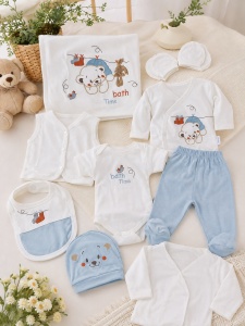 Set nou nascut 10 piese bleu cu ursulet din bumbac, complet pentru bebelusi