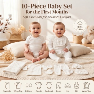 Set nou nascut 10 piese bumbac alb cu dantela, paturica, salopeta, body si accesorii - Img 8