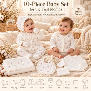 Set nou nascut 10 piese bumbac alb cu floricele roz, dantela, paturica si accesorii - Img 6