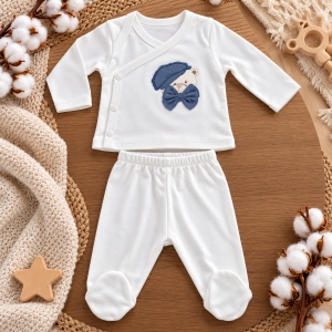 Set nou nascut 10 piese bumbac alb cu ursulet bleu, paturica, body, pantaloni si accesorii - Img 2