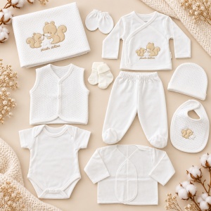 Set nou nascut 10 piese bumbac alb cu veverite, paturica, body, pantaloni si accesorii