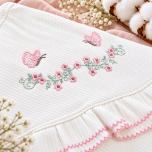 Set nou nascut 10 piese bumbac, alb roz, flori si fluturasi, paturica, salopeta si accesorii - Img 4