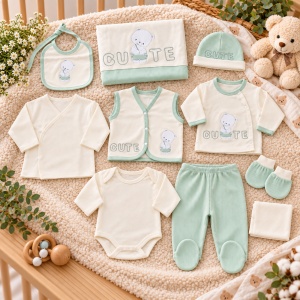 Set nou nascut 10 piese bumbac alb verde menta cu ursulet, paturica si accesorii