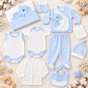 Set nou nascut 10 piese bumbac, bleu alb, ursulet, paturica, body, pantaloni si accesorii bebe