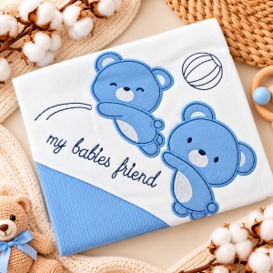 Set nou nascut 10 piese bumbac, bleu alb, ursuleti, paturica, body si accesorii bebe - Img 4