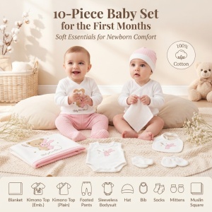 Set nou nascut 10 piese bumbac organic, alb roz, iepuras si ursulet, paturica inclusa - Img 2