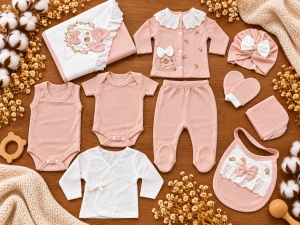 Set nou nascut 10 piese bumbac roz alb, ursulet, paturica, body, pantaloni si accesorii