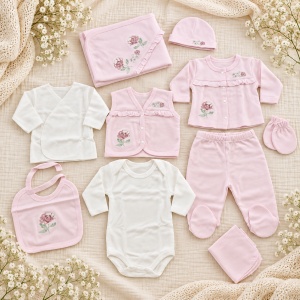 Set nou nascut 10 piese bumbac roz si alb cu flori, paturica, body, pantaloni si accesorii