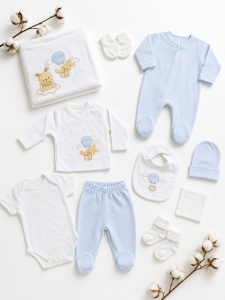 Set nou-nascut 10 piese cu salopeta bleu si iepurasi, 100% bumbac pentru bebelusi - Img 7