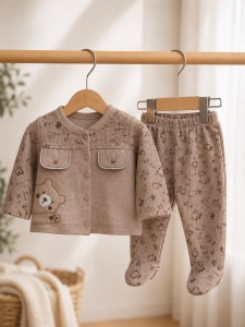 Set nou nascut 10 piese din 100% bumbac maro cappuccino cu paturica si imprimeu ursulet, prezentare in decor