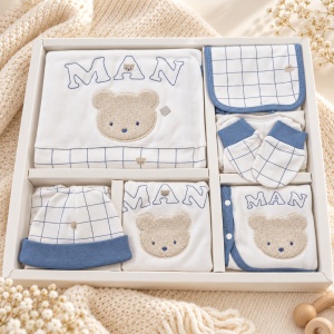 Set nou nascut 10 piese din bumbac, alb albastru, ursulet, carouri, paturica si accesorii - Img 4