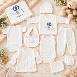 Set nou-nascut 10 piese din bumbac, body, bluza, pantaloni, accesorii si paturica, alb, balon