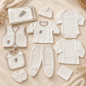 Set nou nascut 10 piese din bumbac, crem, ursulet brodat, paturica, body, pantaloni