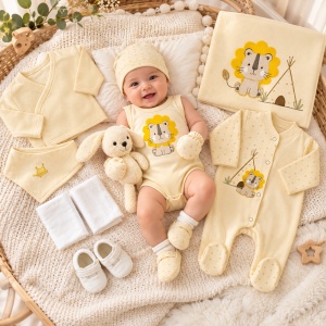 Set nou-nascut 10 piese din bumbac organic, salopeta, body, paturica si accesorii, model leut, galben crem
