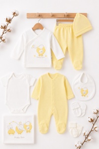 Set nou-nascut 10 piese Happy Bear galben, 100% bumbac pentru bebelusi - Img 3