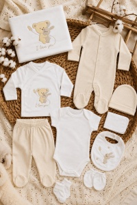 Set nou-nascut 10 piese I Love You, 100% bumbac, hainute bebe pentru maternitate