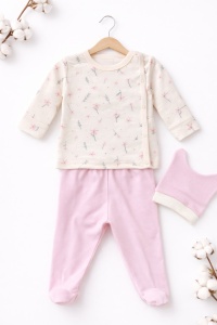 Set nou nascut 3 piese bumbac crem roz flori body pantaloni caciulita fete - Img 2