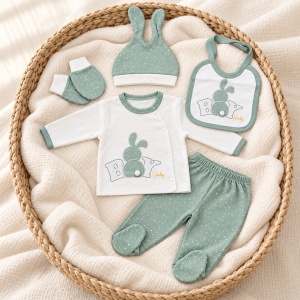 Set nou-nascut 5 piese bumbac alb si verde salvie cu iepuras, pantaloni cu botosei integrati