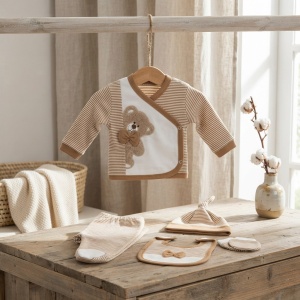 Set nou nascut 5 piese bumbac maro cu ursulet, bluza petrecuta si pantaloni cu botosei integrati