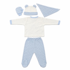 Set nou-nascut 5 piese din bumbac alb si bleu cu ursulet Mummy si pantaloni cu botosei integrati - Img 5