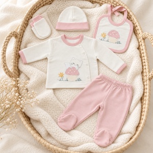 Set nou-nascut 5 piese din bumbac alb si roz cu pisicuta si ciupercuta, pantaloni cu botosei