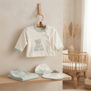 Set nou-nascut 5 piese din bumbac alb si verde menta cu ursulet pe scuter si pantaloni cu botosei - Img 5
