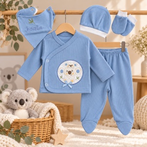 Set nou-nascut 5 piese din bumbac, bluza, pantaloni cu botosei, caciulita, manusi si baveta, Koala, bleu - Img 3
