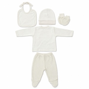 Set nou-nascut 5 piese din bumbac crem cu tractor, pantaloni cu botosei integrati - Img 5
