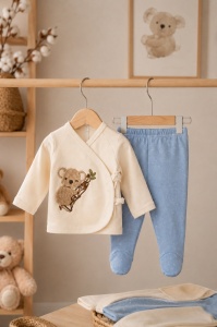 Set nou nascut 7 piese din bumbac organic albastru cu paturica, body si imprimeu koala, prezentare in decor