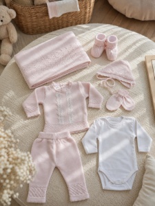 Set nou-nascut 7 piese din bumbac roz pudrat cu compleu tricotat si paturica