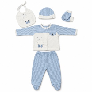 Set nou-nascut baietel 5 piese bumbac alb si bleu cu ursulet si botosei integrati - Img 3