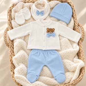 Set nou nascut baieti 5 piese din bumbac alb si bleu cu ursulet si papion - Img 2