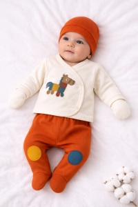 Set nou nascut bumbac 5 piese caramiziu cu girafa bluza pantaloni caciula baveta - Img 2