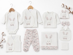 Set nou nascut fetita 10 piese 100% bumbac, iepuras, paturica inclusa, cadou bebe - Img 5