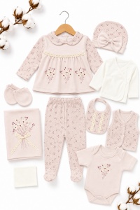 Set nou nascut fetita 10 piese 100% bumbac, lila pudrat, floral, paturica inclusa