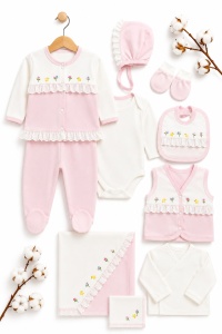 Set nou nascut fetita 10 piese 100% bumbac, roz, flori brodate, paturica inclusa - Img 3