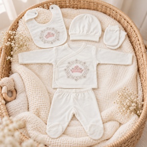 Set nou-nascut fetita 5 piese bumbac alb cu coronita roz si pantaloni cu botosei integrati