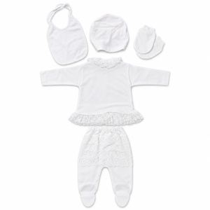 Set nou nascut fetita 5 piese din bumbac alb cu dantela, turban si botosei integrati - Img 5
