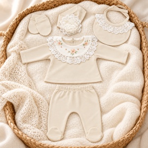 Set nou nascut fetita 5 piese din bumbac crem cu dantela, flori si bentita