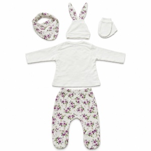 Set nou nascut fetita 5 piese din bumbac, crem cu imprimeu floral mov si iepuras, pantaloni cu botosei - Img 4