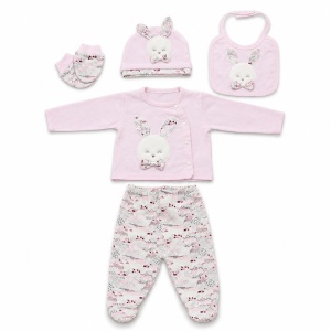 Set nou-nascut fetita 5 piese din bumbac roz cu iepuras si pantaloni cu botosei - Img 4