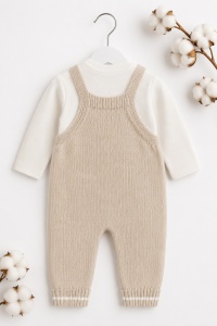 Set pentru bebelusi cu salopeta tricotata bej model iepuras si bluza alba din bumbac - Img 4
