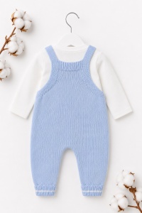 Set salopeta tricotata bleu cu iepuras si bluza crem pentru bebelusi din acril - Img 5