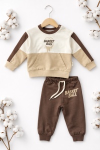 Set trening bebe baieti 2 piese bumbac basket ball maro crem casual sport - Img 2