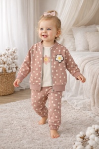 Set trening fete 3 piese roz pudra cu buline jacheta bluza pantaloni
