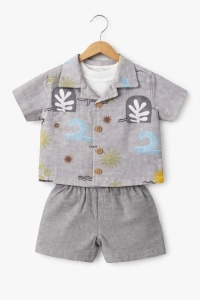 Set vara gri bebe 3 piese bumbac tricou camasa si pantaloni scurti casual - Img 2