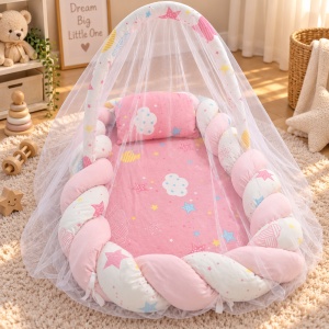 Baby nest cu baldachin 60x80 cm si pernuta, roz, model Stelute si Norisori, pentru nou nascuti - Img 4
