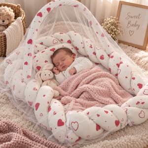 Baby nest impletit 60x80 cm cu baldachin si pernuta, model Inimioare pentru nou nascuti