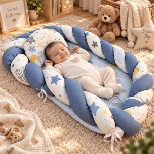 Baby nest impletit 60x80 cm cu pernuta, albastru, model cer Instelat pentru nou nascuti