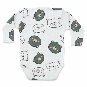 Body bebe alb din bumbac cu ursuleti verde inchis, maneca lunga si capse pe umeri - Img 4